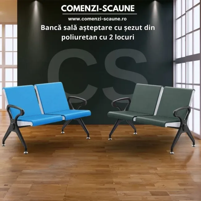 Bancă sală de așteptare cu șezut din poliuretan, 2 locuri – verde
