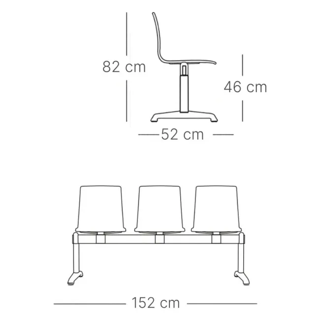 Bancă de așteptare cu 3 locuri, 152 cm, șezut din tehnopolimer ignifug – Italia