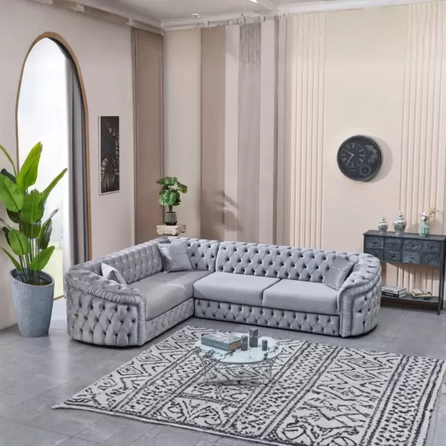 Colțar extensibil stil Chesterfield argintiu