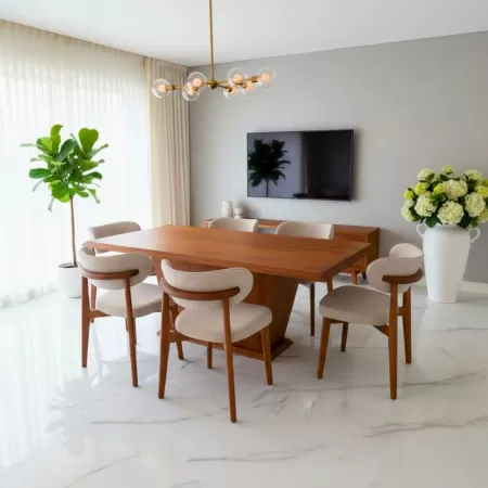 Masă cu 8 scaune, spătar curbat, catifea bej – set elegant pentru living