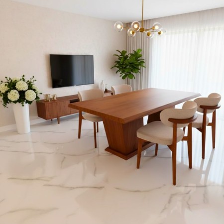 Masă cu 8 scaune, spătar curbat, catifea bej – set elegant pentru living