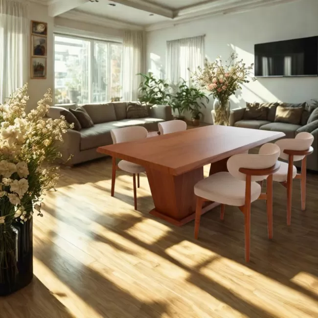 Masă cu 8 scaune, spătar curbat, catifea bej