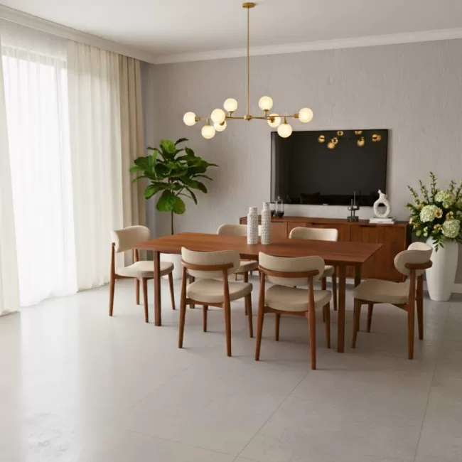 Masă cu 8 scaune, spătar curbat, catifea bej