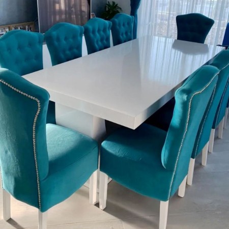 Masă cu 10 scaune Royal catifea turcoaz Masă cu 10 scaune Royal catifea turcoaz