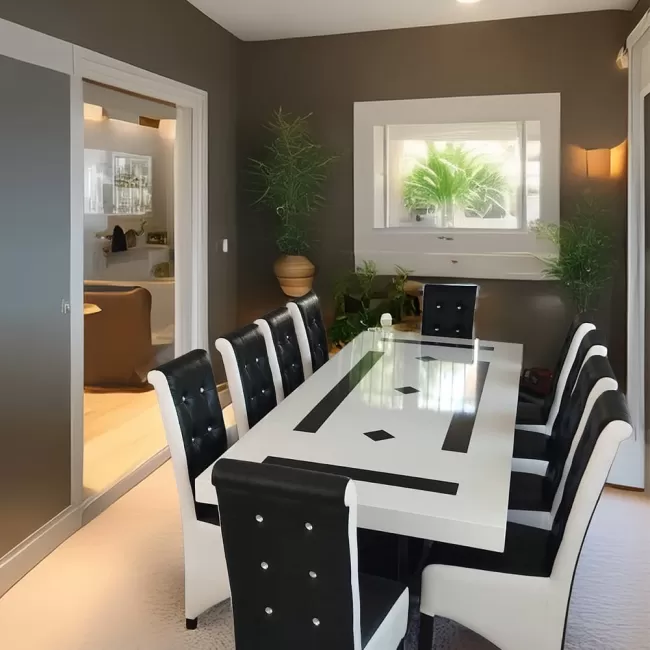 Masă living cu 10 scaune culoare negru cu alb