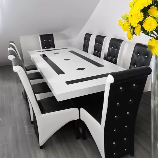 Masă living cu 10 scaune culoare negru cu alb