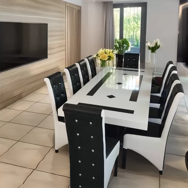 Masă living cu 10 scaune culoare negru cu alb