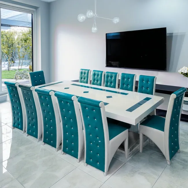 Set masă cu 12 scaune pe culoarea turcoaz cu alb