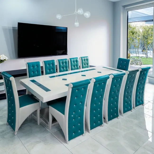 Set masă cu 12 scaune pe culoarea turcoaz cu alb