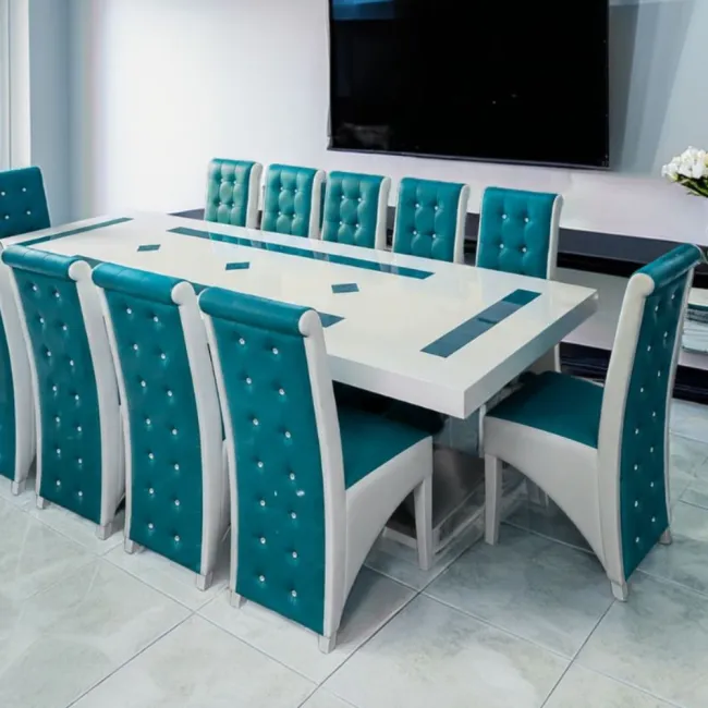 Set masă cu 12 scaune pe culoarea turcoaz cu alb