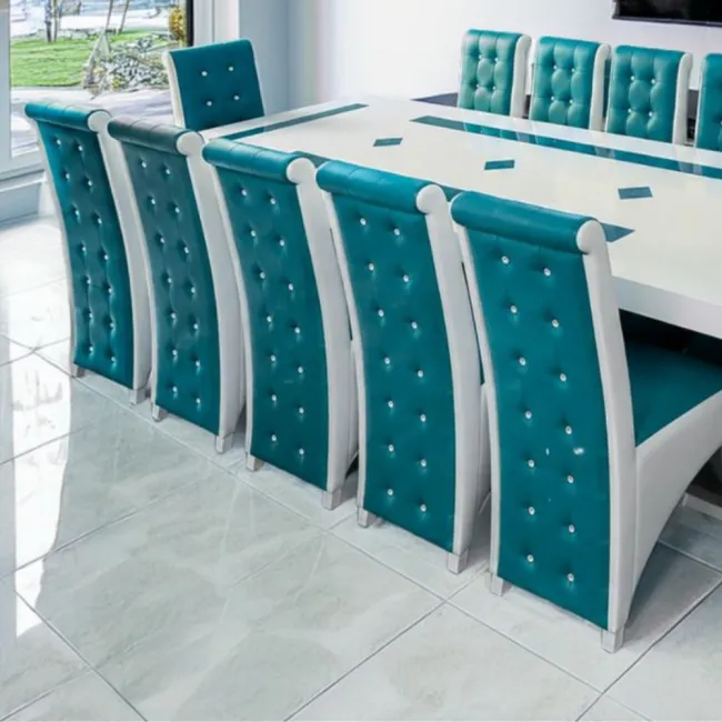 Set masă cu 12 scaune pe culoarea turcoaz cu alb