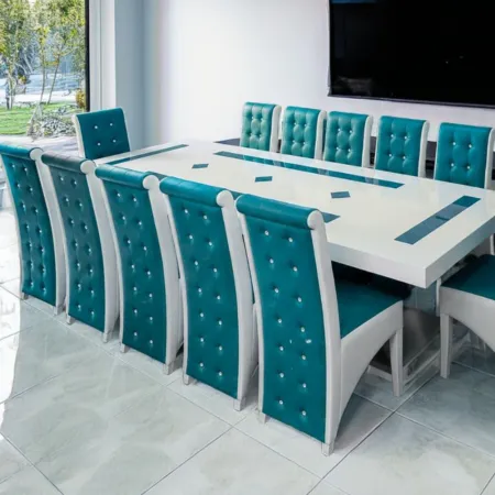 Set masă cu 12 scaune pe culoarea turcoaz cu alb