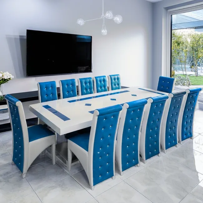 Set masă cu 12 scaune pe culoarea albastru cu alb