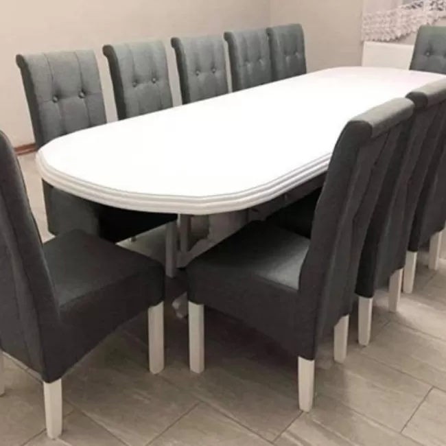 Masă ovală living cu 12 scaune din stofă gri închis