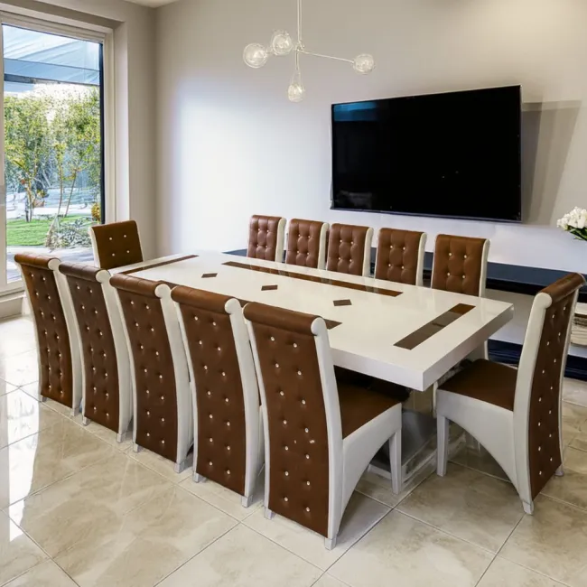 Set masă cu 12 scaune piele eco maro cu alb