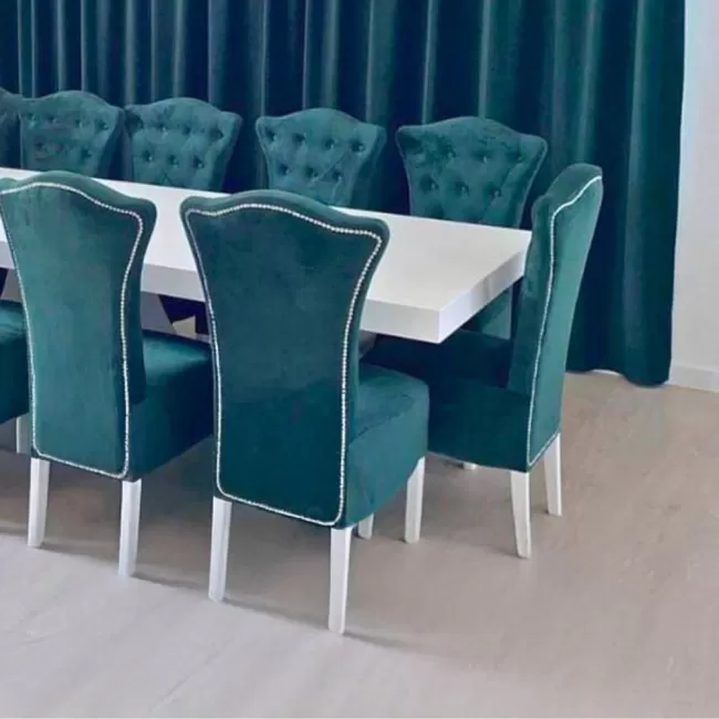 Set masă mare cu 12 scaune royal din catifea verde