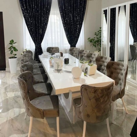 Set masă bucătărie cu 12 scaune alb cu gri Set masă bucătărie cu 12 scaune alb cu gri