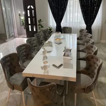 Set masă bucătărie cu 12 scaune alb cu gri