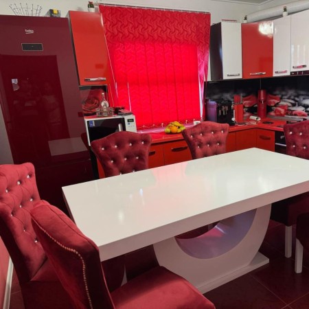 Masă bucătărie cu 6 scaune, catifea bordo Masă bucătărie cu 6 scaune, catifea bordo