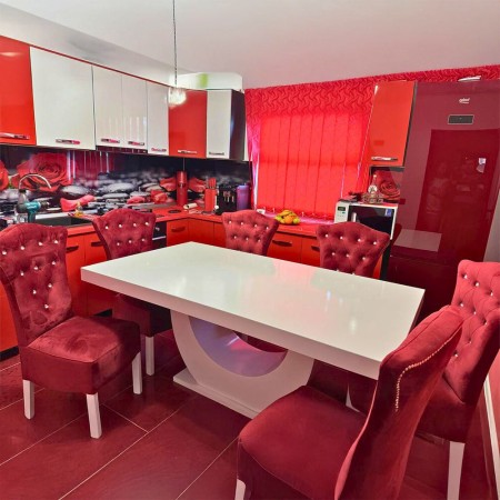 Masă bucătărie cu 6 scaune, catifea bordo Masă bucătărie cu 6 scaune, catifea bordo