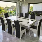 Set masă cu 8 scaune pe culoarea negru cu alb
