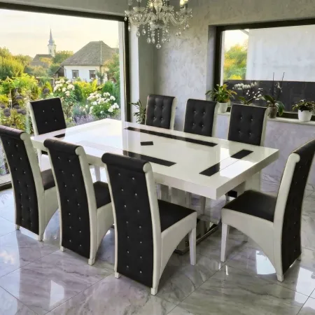 Set masă cu 8 scaune pe culoarea negru cu alb