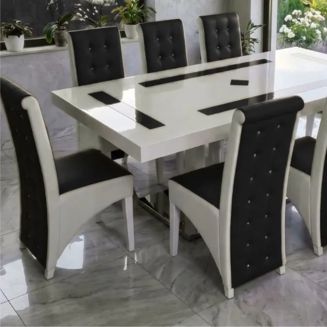 Set masă cu 8 scaune pe culoarea negru cu alb