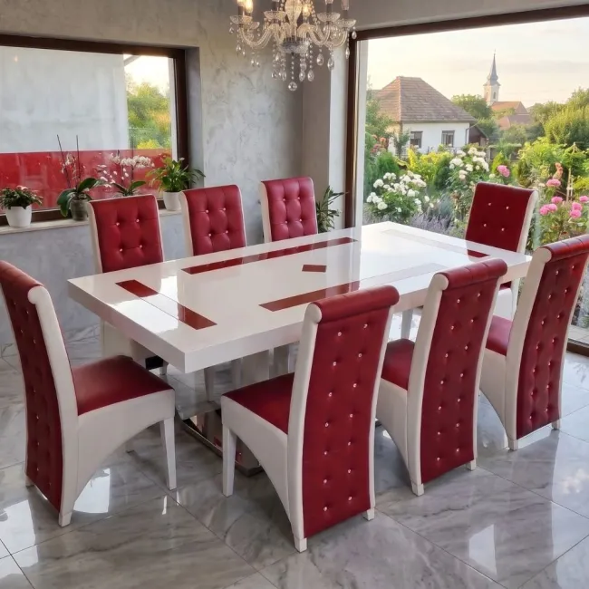 Set masă cu 8 scaune pe culoarea roșu cu alb