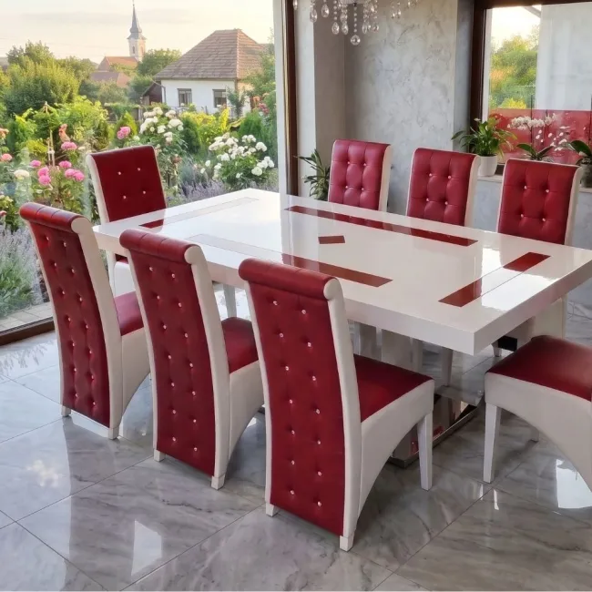 Set masă cu 8 scaune pe culoarea roșu cu alb