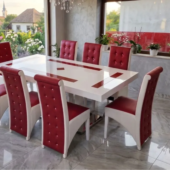 Set masă cu 8 scaune pe culoarea roșu cu alb