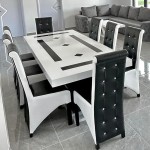 Masă bucătărie cu 8 scaune culoare alb cu negru Masă bucătărie cu 8 scaune culoare alb cu negru
