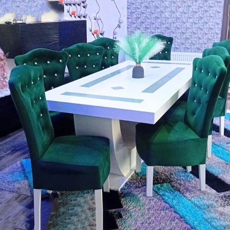Masă living cu 8 scaune verde smarald Masă living cu 8 scaune verde smarald