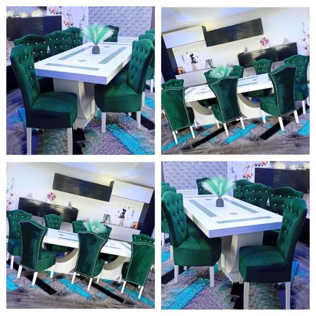 Masă living cu 8 scaune Royal verde smarald Masă living cu 8 scaune Royal verde smarald