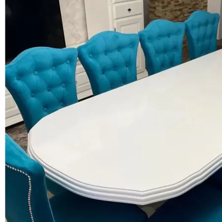 Masă ovală cu 10 scaune Royal catifea turcoaz