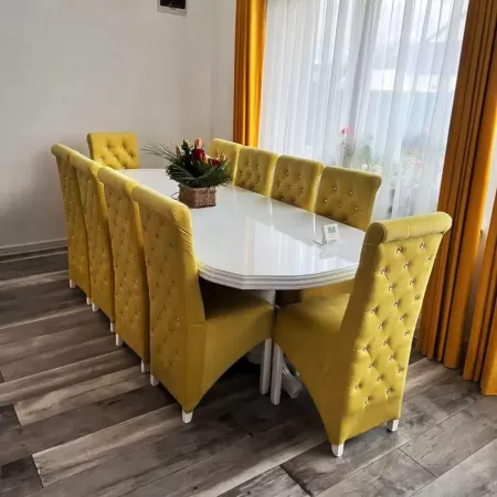 Masă lemn masiv cu 12 Scaune White-Yellow Medina