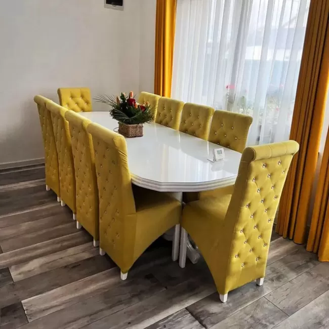 Masă lemn masiv cu 12 Scaune White-Yellow Medina