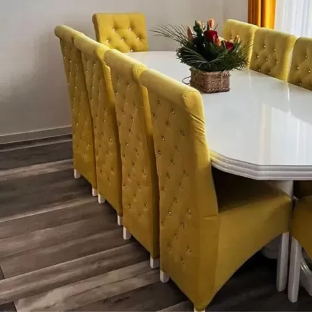 Masă lemn masiv cu 12 Scaune White-Yellow Medina