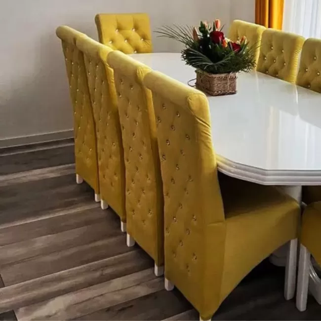 Masă lemn masiv cu 12 Scaune White-Yellow Medina