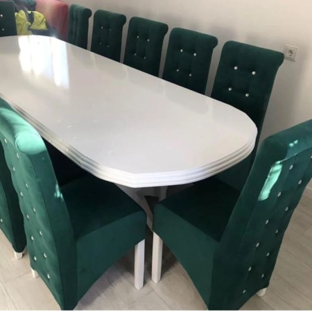 Masă bucătărie cu 12 scaune catifea verde Masă bucătărie cu 12 scaune catifea verde