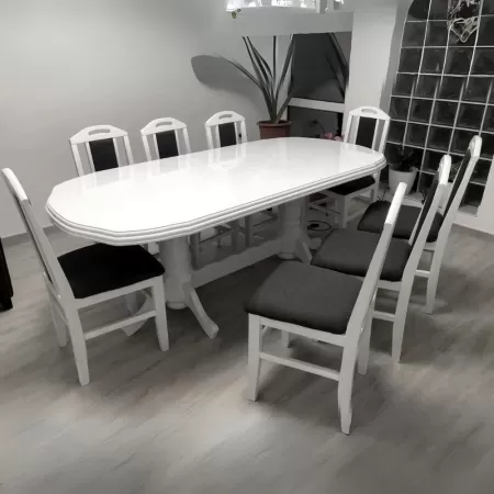 Masă bucătărie cu 8 scaune Vintage alb lucios