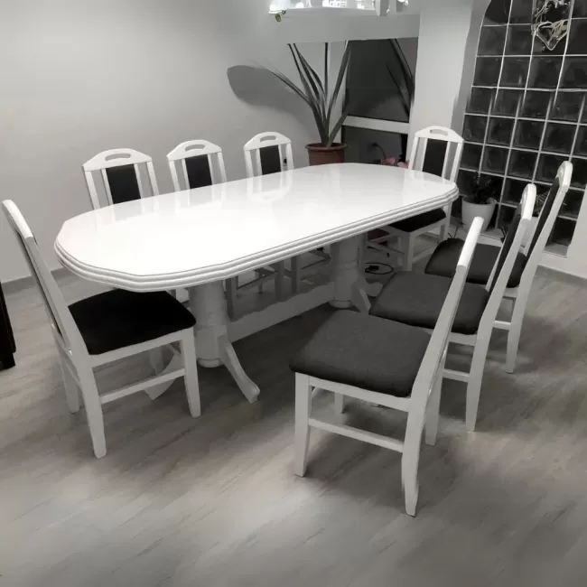 Masă bucătărie cu 8 scaune Vintage alb lucios