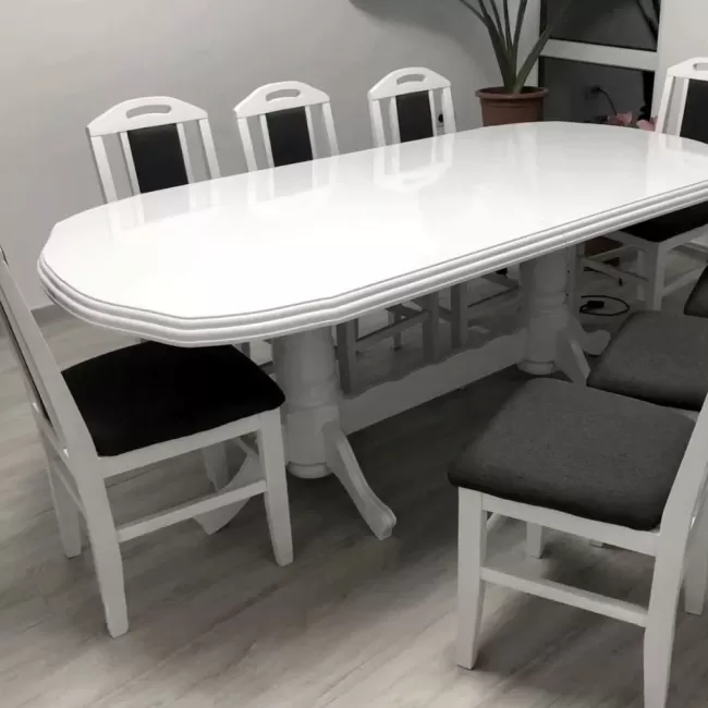 Masă bucătărie cu 8 scaune Vintage alb lucios