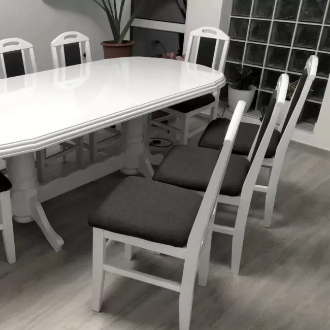 Masă bucătărie cu 8 scaune Vintage alb lucios