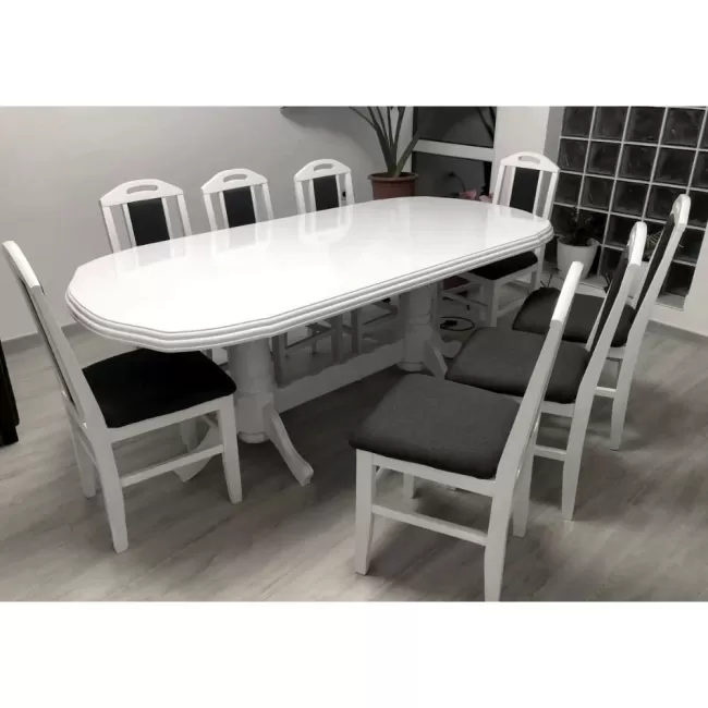 Masă bucătărie cu 8 scaune Vintage alb lucios