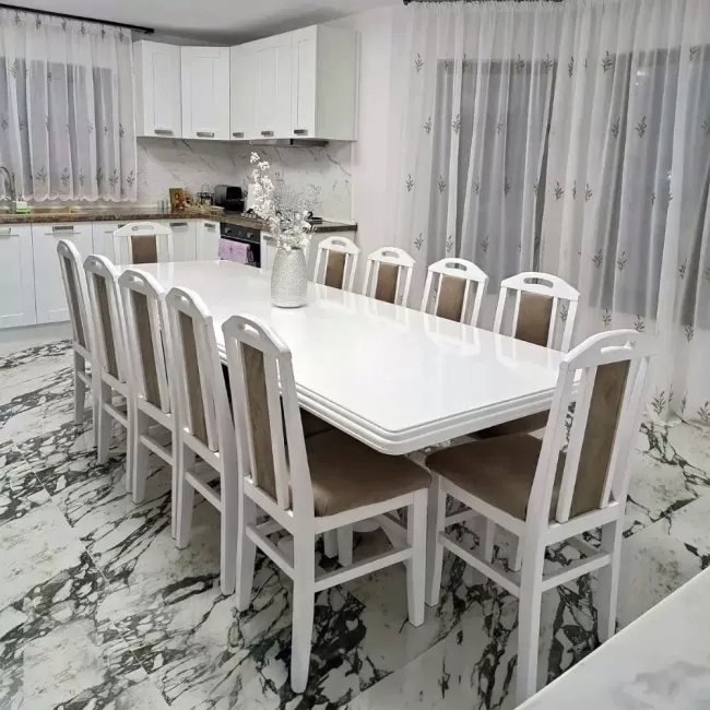 Set masă cu 12 scaune vintage, culoare Alb+Maro