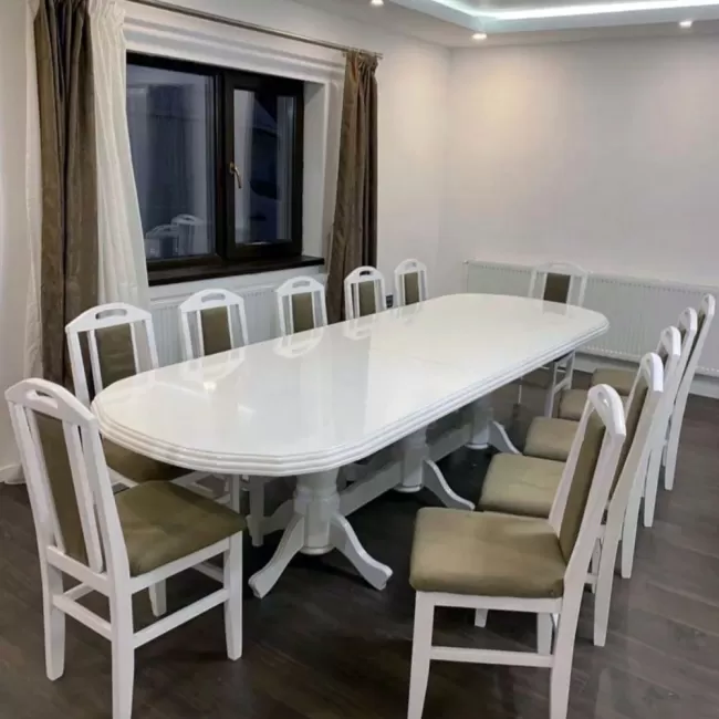 Set masă cu 12 scaune vintage, culoare Alb+Maro