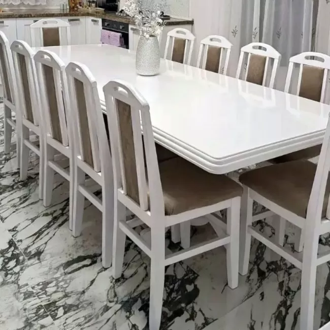 Set masă cu 12 scaune vintage, culoare Alb+Maro