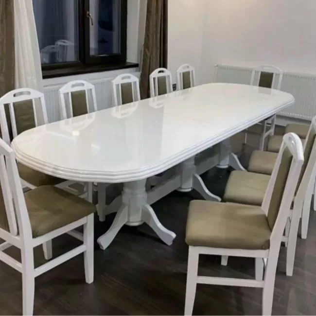 Set masă cu 12 scaune vintage, culoare Alb+Maro