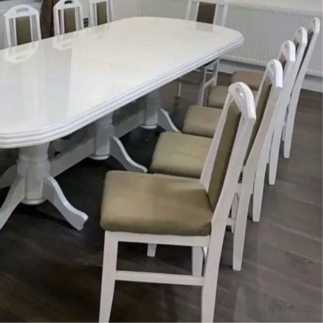 Set masă cu 12 scaune vintage, culoare Alb+Maro