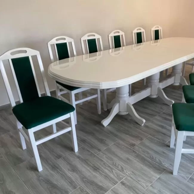 Set masă cu 12 scaune vintage, culoare Alb+Verde